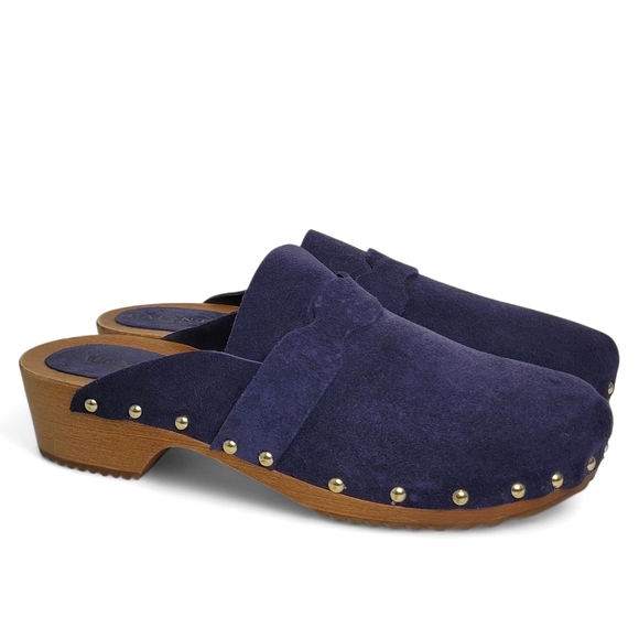 Cafe Noir Suede Wooden Heel Clogs 41 US 9.5-10 Navy Blue Studded - Picture 1 of 9
